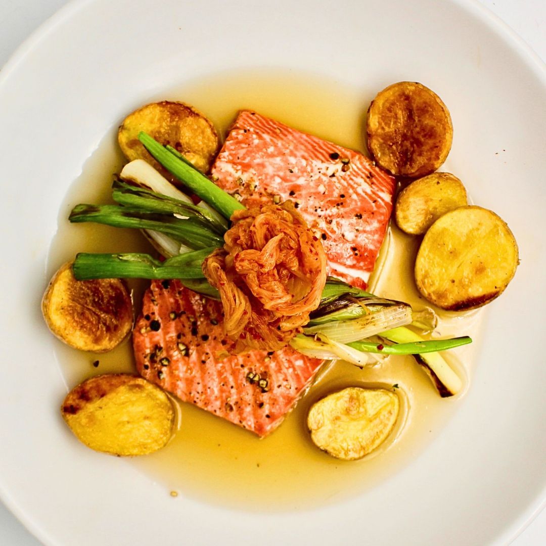Roasted Salmon with Kimchi and Miso Broth 