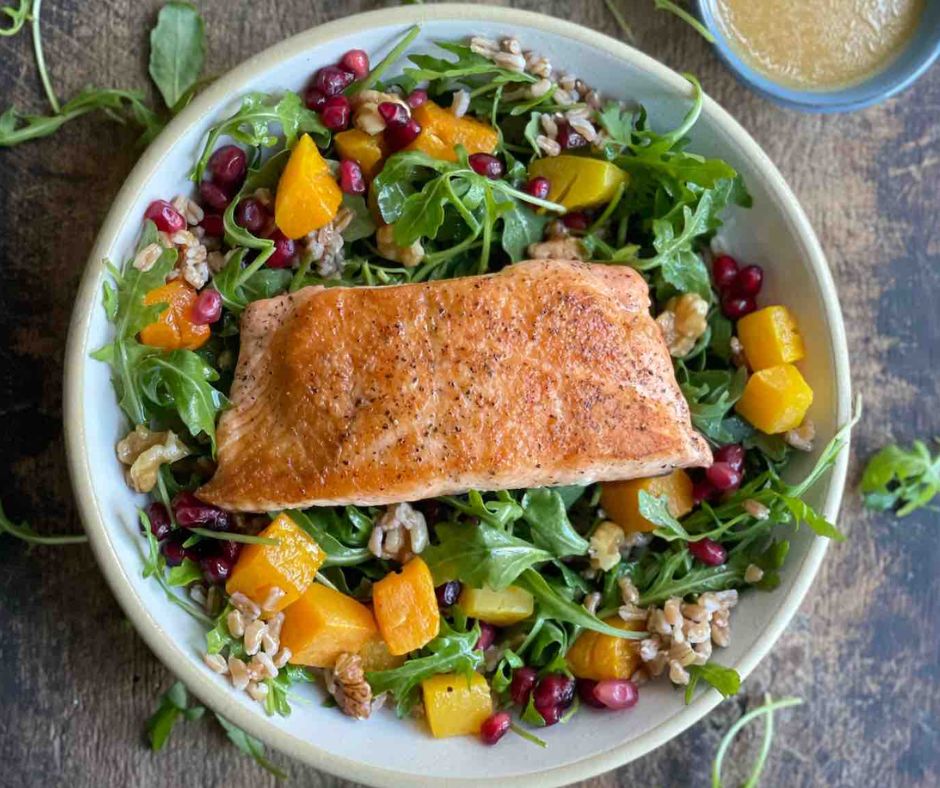 Salmon Brain Power Salad with Farro, Squash, and Pomegranate