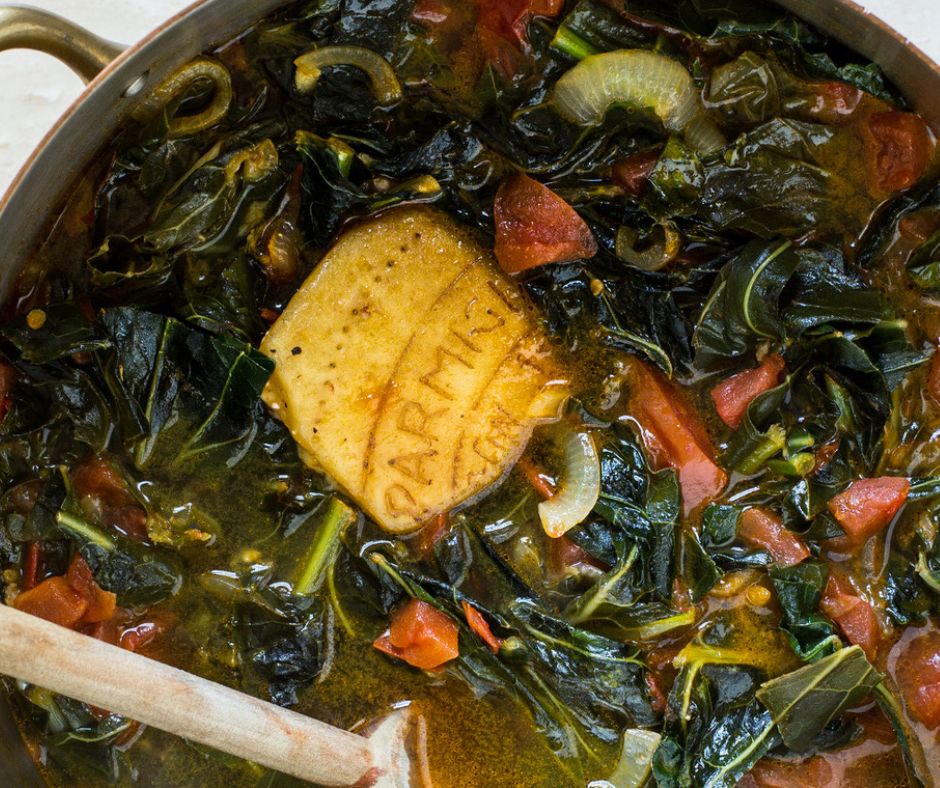 Cognitive Comfort Braised Collards with Parmesan-Tomato Broth