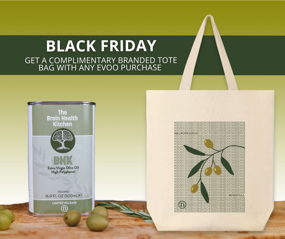 Tote bag with olive design and can of olive oil on a wooden surface, promoting Black Friday offer.